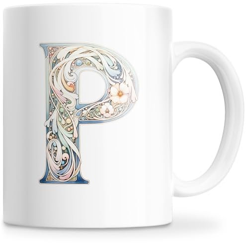 Personalisiert Tasse Geschenk – Keramiktasse 350 ml mit Blumenmotiv, Namenstasse mit Initialbuchstaben, Kaffeetasse originelle Geschenke Tasse mit Buchstabe (P)