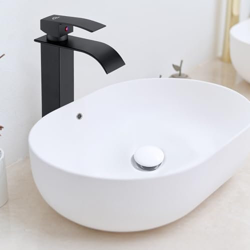 Auralum Mitigeur de Lavabo Haut avec céramique bonde, Robinet Salle de Bain Noir Mat avec acier inox evacuation lavabo