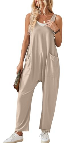 Panegy Salopette da donna allentata Pantaloni pettorina casual con tasche Baggy gamba larga in maglia Rompers lungo estate senza maniche Jumpsuit Playsuits Khaki S