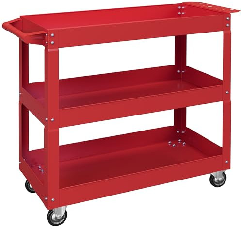 DURHAND Carrello porta attrezzi con ruote Carrello da officina in acciaio con 3 ripiani e maniglia laterale per garage meccanica casa 150 kg di carico 83x35,3x76 cm Rosso