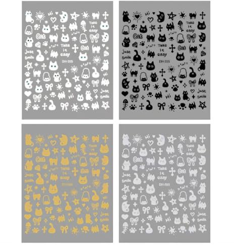 NHQZ 4 Blätter Katze Nagelsticker,Nagelsticker Selbstklebend,Nail Art,Nagel Stickers,Nageltattoos,Nail Stickers,Nagelsticker Kinder,Halloween Nagelsticker