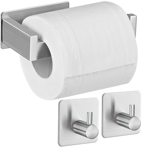 Aikzik Toilettenpapierhalter ohne Bohren, Selbstklebend Toilettenpapierrollenhalter Edelstahl Klopapierhalter Wc Halter Klorollenhalter mit 2 Stück Handtuchhaken für Küche und Badzimmer, Silber