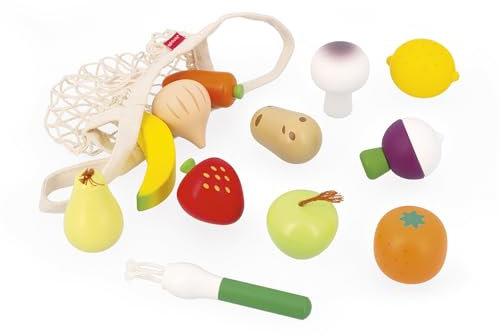 Janod Netz aus 12 Obst-und Gemüsesorten-Leinentasche-Spielzeug Imitation Einkaufskorb-Ideal als Ergänzung zu Kinderküche und Dinette-Ab 3 Jahre, J06639