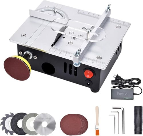Mini sega circolare da tavolo con 4 lame e disco di lucidatura, sega da tavolo di precisione regolabile con alimentazione 7 velocità, 96 W con lama regolabile da 0,1-15 mm e aletta di sicurezza