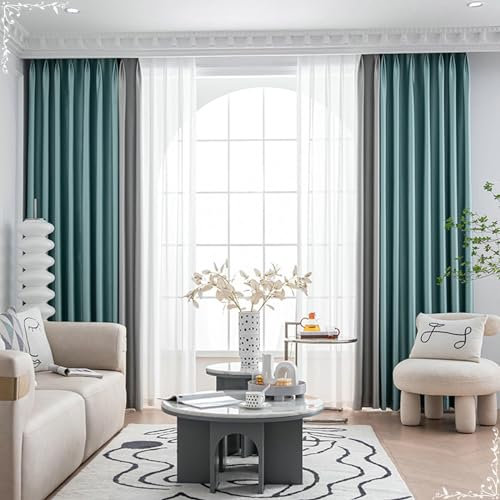 Lirzxin Verdunkelnde Vorhänge mit Ösen 229 cm Lang, Vorhang Verdunkelung Grau Grün Spleißen mit Gitter Textur Gardinen für Wohnzimmer Schlafzimmer Kinderzimmer 132x229 cm(B×H), 2er Set