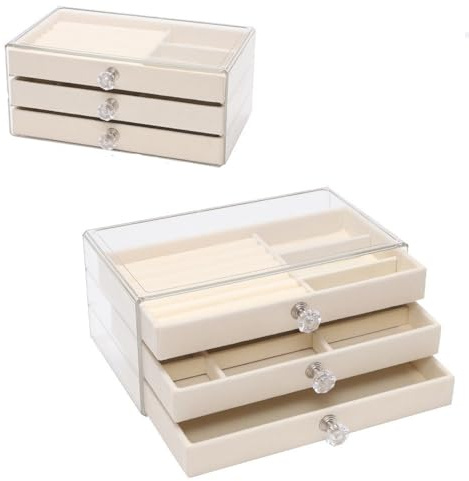 Copiel Schmuckkästchen Acryl, Schmuckaufbewahrung mit 3 Schubladen, Schmuckschatulle mit Samt-Futter und Griffen für Ohrringe, Ringe, Halsketten, Armbänder Schmuckbox für Frauen