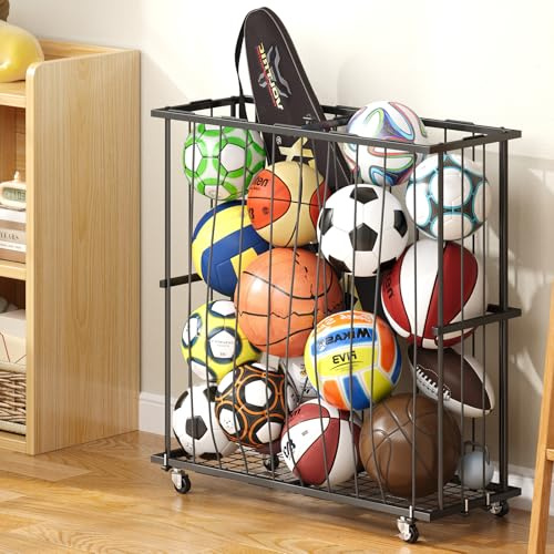 Large Capacity Garage Ball Storage, Floor Sports Equipment Organizer – Oversized Freestanding Ball Rack with Elastic Rope, Ball Holder for Basketball, Soccer, Football, Volleyball, Garage, Gym, Black