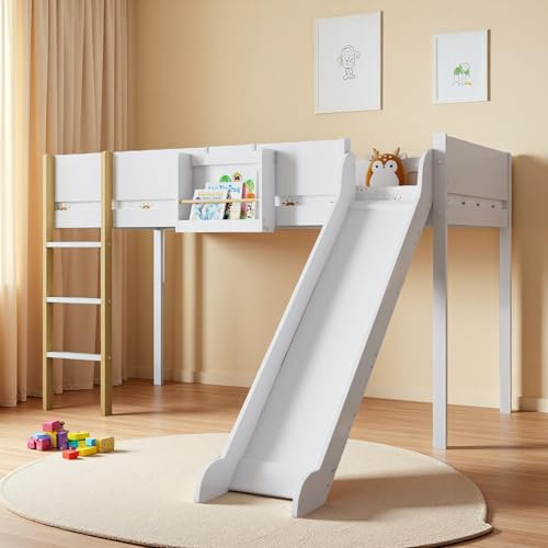 PerGar Cama infantil litera 90 x 200, cama con tobogán y escalera, cama juvenil con estante extraíble, cama de madera con somier y protección anticaídas, para niños, niñas, sin colchón, color blanco