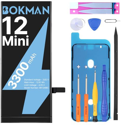 bokman for iPhone 12 Mini Battery Replacement, High Capacity 3300mAh Lithium Polymer Battery with All Tool Kits, compatible with A2176, A2398, A2399, A2400