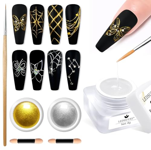 LEDSUUEI 3D Spider Gel for Nail Art- 8g Clear Elastic Gel Polish with Metallic Silver Gold Chrome Nail Powder, No Wipe, for 3D Drawing and Lines DIY Salon Home （B）