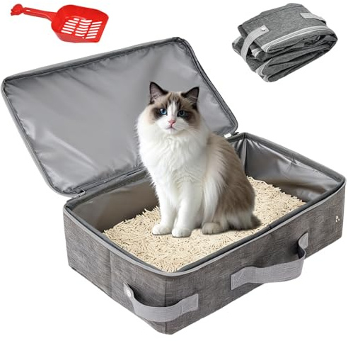 Arenero Gato Plegable Portátil 45x34x11cm para Viaje con Tapa Cremallera | Caja arena, oxford PEVA impermeable antiolor fácil limpieza, ideal camping autocaravana coche veterinario hogar emergencia.