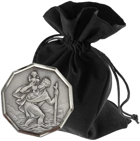 Lunexus Christophorus Auto-Magnet achteckig - Silber, Ø 3 cm | Hl. Christophorus Reliefmotiv, achteckig - Magnet & Klebepad - gesegnet mit Zertifikat - Samtbeutel - Frankreich