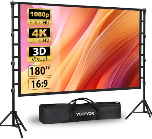Schermo per proiettore da 180 pollici con treppiede: VOOPVOR schermo portatile 16:9 4K HD, schermo cinematografico per interni/esterni, con borsa per il trasporto e supporto regolabile in altezza per