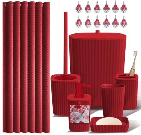 Clara Clark Bathroom Accessories Set - Christmas Shower Curtain Set, Xmas Bathroom Set, Christmas Bathroom Decor, Bathroom Accessory Set, Toilet Brush, Trash Can & Soap Dispenser - 19PC Set