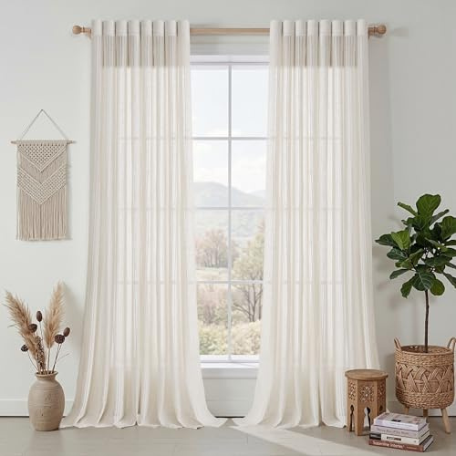 MYSKY HOME Gardinen 250cm Lang Leinen mit Ösen-Vorhänge Boho Vintage Landhaus Web-Löchern Makramee Häkelgardine für Wohnzimmer Modern Schlafzimmer Halbtransparent Landhaus Natur Dekoschal 2PC