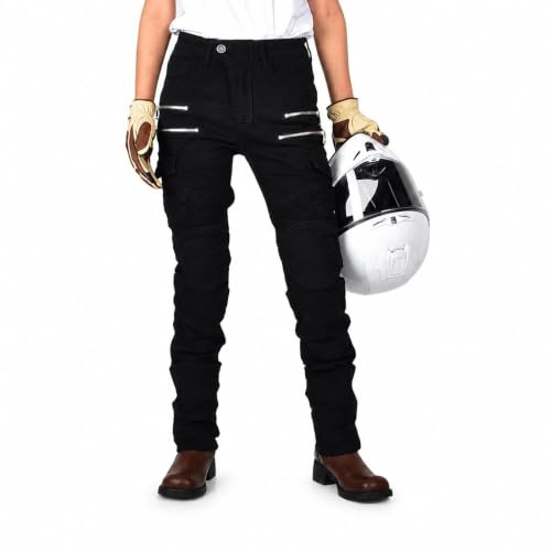VOLERO Jeans Moto Donna, Pantaloni Moto Donna Cargo, vestibilità Ergonomica Preformata, Multi Tasche, Denim Stretch, Abbigliamento Moto Urban Donna 4 Stagioni (Nero,S)