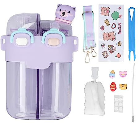 Marhynchus Niedliche Wasserflasche, 780 Ml, Dual-Mund-Kawaii-Trinkflasche, Verstellbarer Riemen und Cartoon-Aufkleber für Outdoor-Sport, Fitnessstudio, Büro, Reisen, Camping (PURPLE)