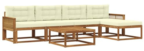 vidaXL Outdoor-Sofagarnitur mit Kissen 6 pcs Natur und Creme, Patio-Lounge-Set, modernes Outdoor-Sofa, wetterfestes Gartenmöbel, Akazienholz