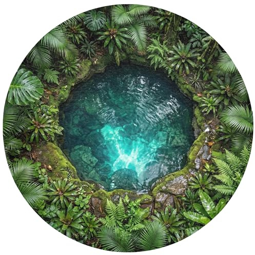 OnlyWow© Badematte rutschfest 70x70 cm Deko Badezimmer Rund Memoryschaum Badematten Vorleger Mit Ausschnitt Duschvorleger Waschbar Natur - Dschungel - Wasser - Grün