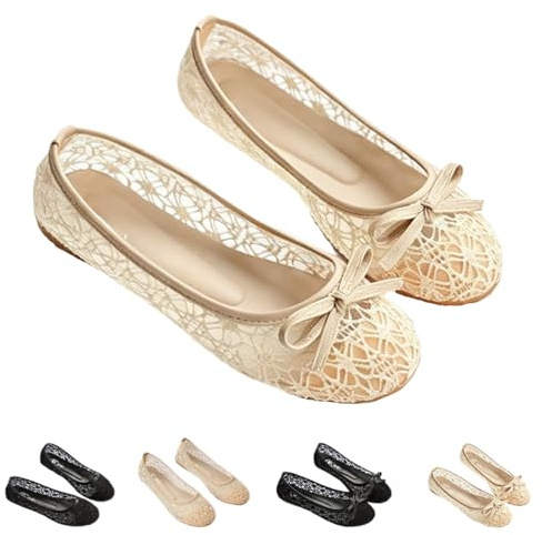 Eleganta ballerinaskor för damer med rosett, runt tåparti, tofflor, spetsbroderi, ballerinaskor, nättyg, virkade, platt, bekväma, ventilerande, bröllopsskor för brud