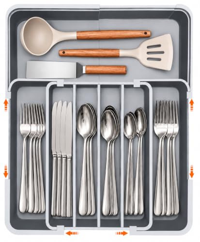 Besteckkasten für Schubladen, Besteckeinsatz Schubladen Organizer Küche, rutschfest & wasserdicht, BPA-frei, 7 Fächer, extra große Kapazität, platzsparend & erweiterbar 24*32 bis 38.6*48.2 cm