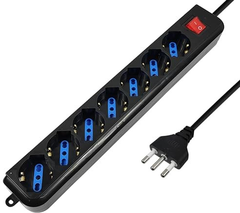 Atlantis Bande multiprise, 7 prises italiennes, européennes, Schuko biphases, 10 A/16 A, noir