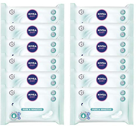NIVEA BABY Lingettes Pure & Sensitive (12 x 63), lingettes nettoyantes hypoallergéniques pour bébé & nourrisson, lingettes à l'huile de jojoba pour les peaux sensibles