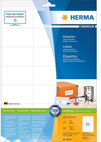Herma 8634 Adressetiketten Premium A4 70 x 42,3 mm Papier matt 210 Stück, weiß (4, 70 x 42,3 mm)