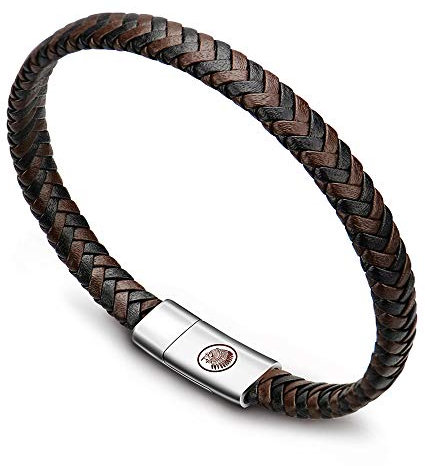 Mens Leather Bracelet – Classic Handmade Braided Black & Brown Cuff Bracelet with Engraved Magnetic Clasp Free Jewelry Gift Boxed