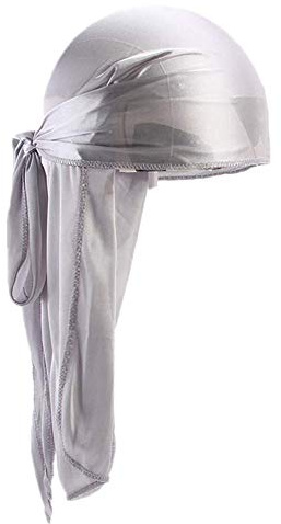 Fxhixiy Durag Kopftuch für Herren und Damen, extra langer Schwanz, seidiger Satin, Piratenkappe, Bandana, Hut für 360 Wellen, silber, Einheitsgröße