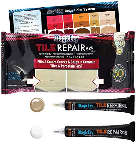 MagicEzy Tile Repairezy (Beige/White Kit) - Ceramic & Porcelain Tile Repair Kit - Gap Filler & Touch Up Pen for Bathroom Floor & Counter Tops