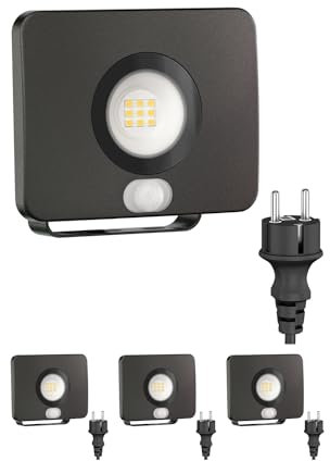 ledscom.de 4 Stück LED Gartenstrahler WEGA für außen, IP44, Bewegungsmelder, Stecker, schwarz, 11,4 W, 944lm, warmweiß