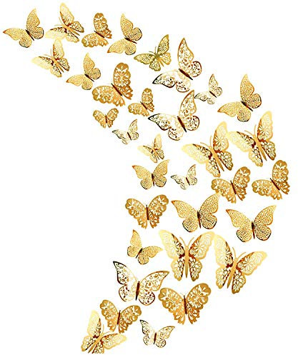 36 hohle Metallschmetterling 3D Aufkleber, Baby/Mädchen Raumdekor Aufkleber, DIY Wandaufkleber, Hochzeitsfeier abnehmbare Wandaufkleber (Gold)