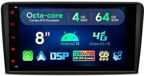 XTRONS 8 Zoll Android 13 Autoradio Octa Core 4GB 64GB Multimedia Player Eingebauter 4G LTE CarAutoPlay Android Auto DSP GPS Bluetooth 5.0 WLAN USB Optional OBD DAB DVR TPMS Für Audi A3 S3 RS3