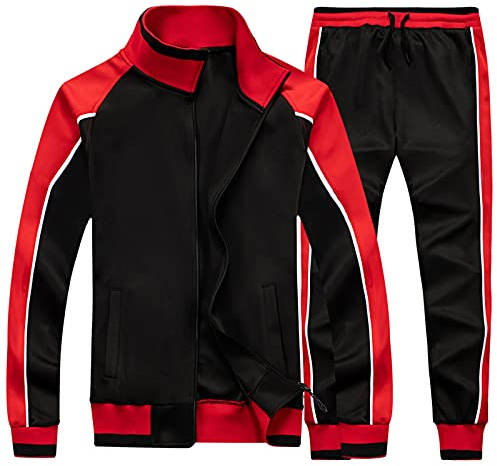 amropi Tute da Ginnastica Uomo Maniche Lunghe Felpa con Cerniera e Jogging Pantaloni Sportiva Set Nero Rosso,XL