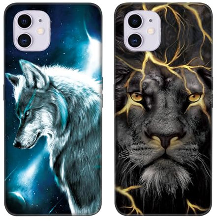 DiaryTown 2 Pack Hülle für iPhone 11 Liquid Silikon Handyhülle mit Motiv Schutzhülle Ultra Dünn TPU Bumper Rundumschutz Schwarz Case für Cover iPhone 11 - Wolf & Goldener Löwe