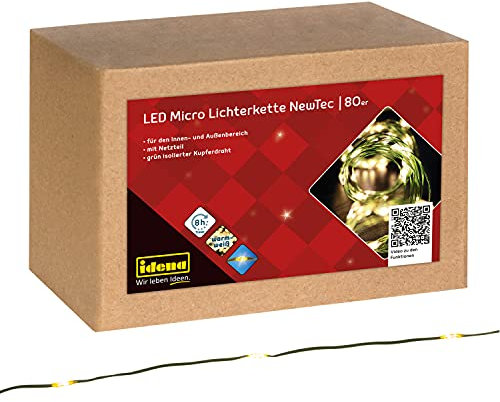 Idena 31340 - LED Micro Lichterkette mit 80 LEDs in Warmweiß, NewTec mit 8 Stunden Timer Funktion, ca. 12,9 m lang, Deko für Innen & Außen, zum Basteln, als Party Deko, Weihnachtsdeko, zur Hochzeit