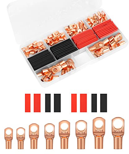 SAVITA 120pcs Copper Wire Terminal Connectors Kit, 4/6/8/10/12AWG Including 60pcs Heavy Duty Wire Lugs and 60pcs Heat Shrink Tubing Battery Cable Ends for Electrical Wire Crimping