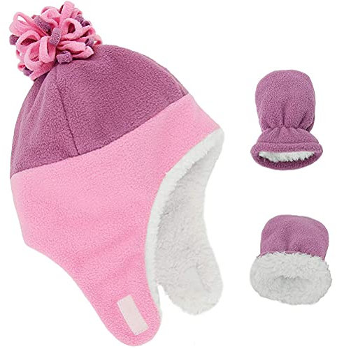 Dicker Kaschmir Baby Mütze Fäustling Set Warm Earflap Kinder Caps Fleece Gefüttert Kleinkinder Wintermütze mit Bommel Schlauchschal Fäustlinge für 0-4Y Baby Säugling Jungen Mädchen