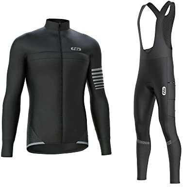 FDX All Day Men's Cycling Suit - Thermal Windproof, Lightweight, Super Roubaix Cycle kit, Fleece lining Clothing Set, Long Sleeve Jersey, 3D Padded Bib Tight for Bicycle Riding(Black, XL)