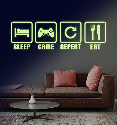 KAIRNE Glow in The Dark Video Gamer Wandaufkleber Eat Sleep Game Repeat Luminous Wall Decals for Game Room Nursery Boys Bedroom Wall Decoration Vinyl Decal Lettering Stickers Home Decor