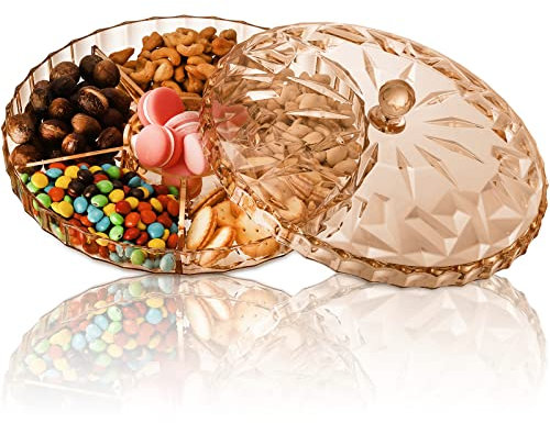 ZOOFOX Plastic Snack Tray with Lid, 12 Divided Appetizer Serving Tray, Round Food Storage Organizer for Candies, Dried Fruits and Nuts, 6 Compartments