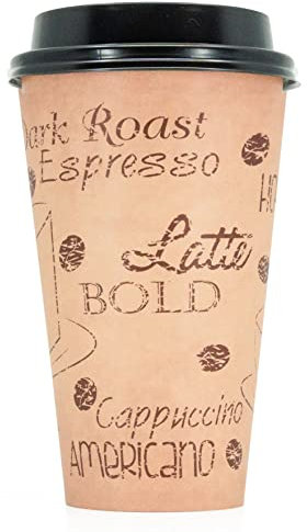 ECODESIGN-US 20 Ounce Disposable Paper Coffee Cups with Black Lids - 50 Sets - Coffee Latte Macchiato To Go Large Portion