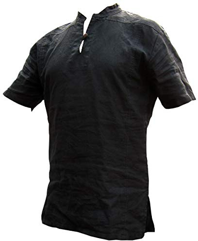 PANASIAM Fischerhemd Herren - leichtes Sommerhemd - Henley Shirt kragenlos | aus Hanf gewebt, Fisherman Shirt, mit Holzknopf, ohne Kragen, für Alltag, Urlaub und als Mittelaltershirt, Langarm & Kurzarm