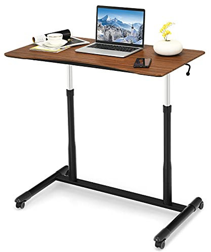 CASART Mobile Standing Desk, Height Adjustable Computer Desk with Rolling Casters & Crank, Ergonomic Stand Up Desk Laptop Workstation for Home Office (Black + Brown)