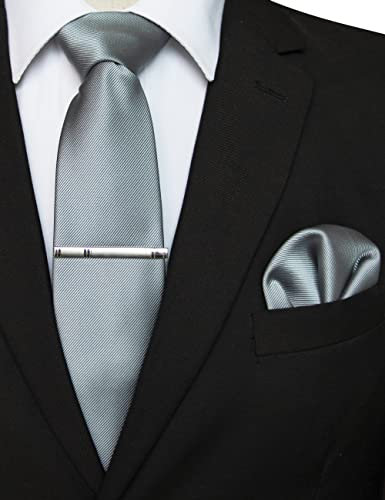 JEMYGINS Cravate Argent2 Homme en Soie et Pinces à cravate Carre de poche Set