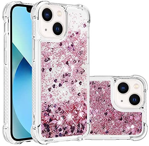 IMEIKONST Compatible with iPhone 13 Glitter Case, Liquid Sparkle Quicksand Clear Transparent Sequin Slim Girls Soft TPU Bumper Silicone Shockproof Cover for iPhone 13. Love Rose YBW