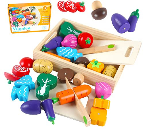 HVDHYY Verduras Juguete Comida de Juguete Madera para Cortar Montessori Educativos Navidad, Día del Niño, Regalo de Cumpleaños Víspera de Todos los Santos para 2 3 4 Años con una Caja de Madera