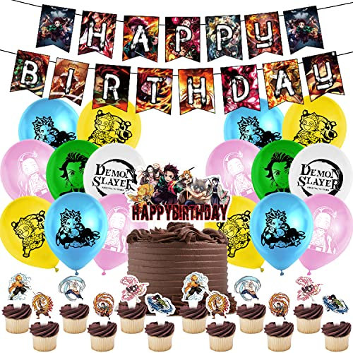 Deko Geburtstag,34Pcs Party Deko,Geburtstagsdeko Anime,Luftballons,Tortendeko,Banner Cake Topper Kuchen Deko,Theme Birthday Decorations