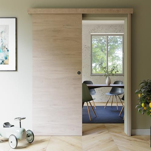 Mon Marché Déco Kit Porte Coulissante Denver Avec Rail 83 cm, Système Coulissant en Applique, Rail Coulissant Breveté en Aluminium Coulicool, Gain de Place et Sécurité - Avec Serrure